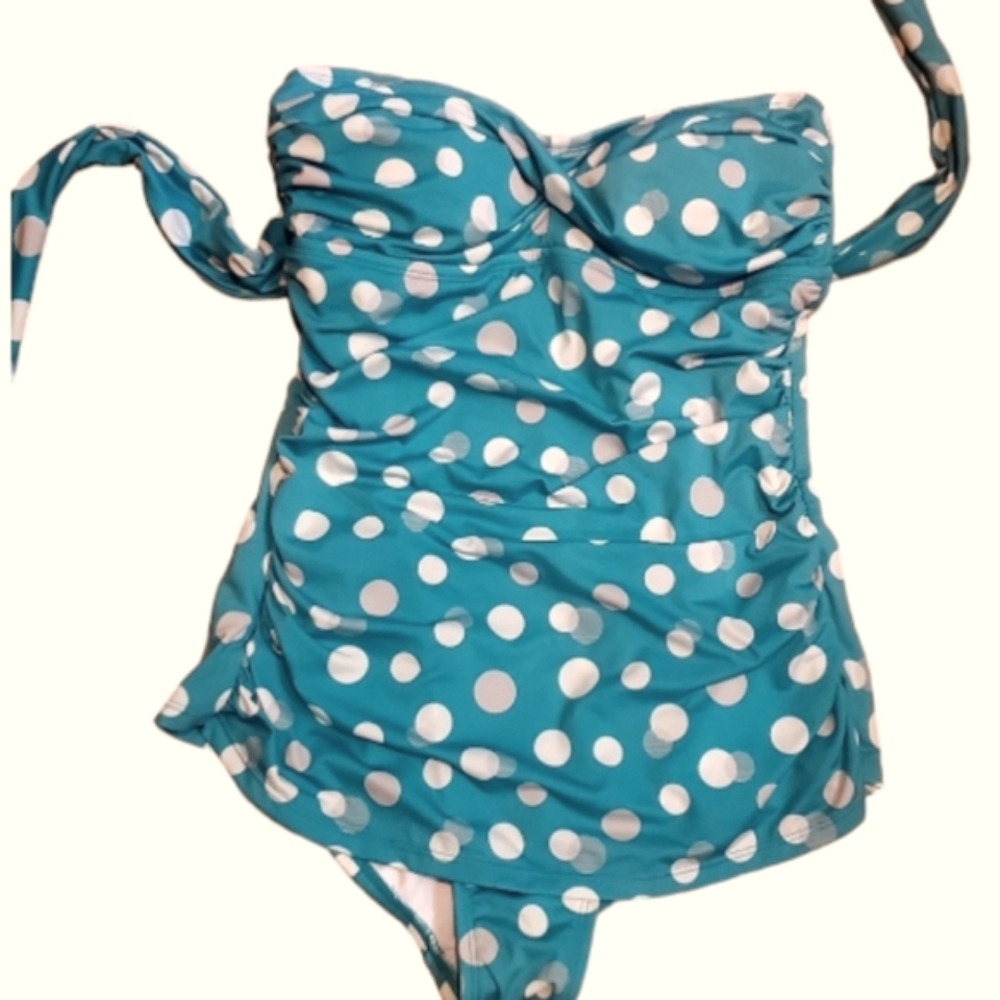 NWOT Jantzen 1 Pc Turquoise Polka Dot Swimsuit sz 10 w/skirt & opt Halter Strap